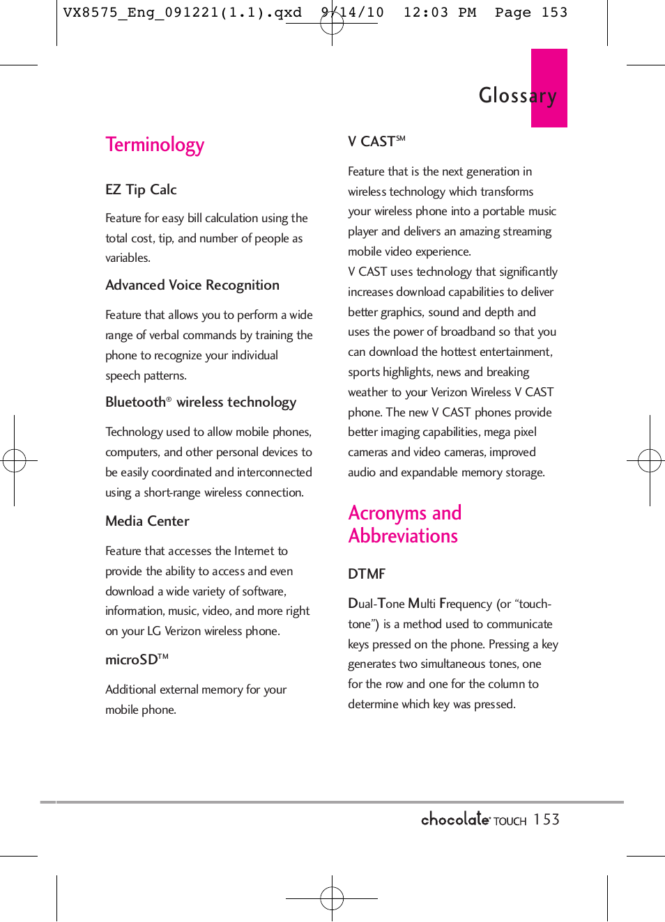 Glossary, Terminology, Acronyms and abbreviations | LG LGVX8575LK User Manual | Page 155 / 162