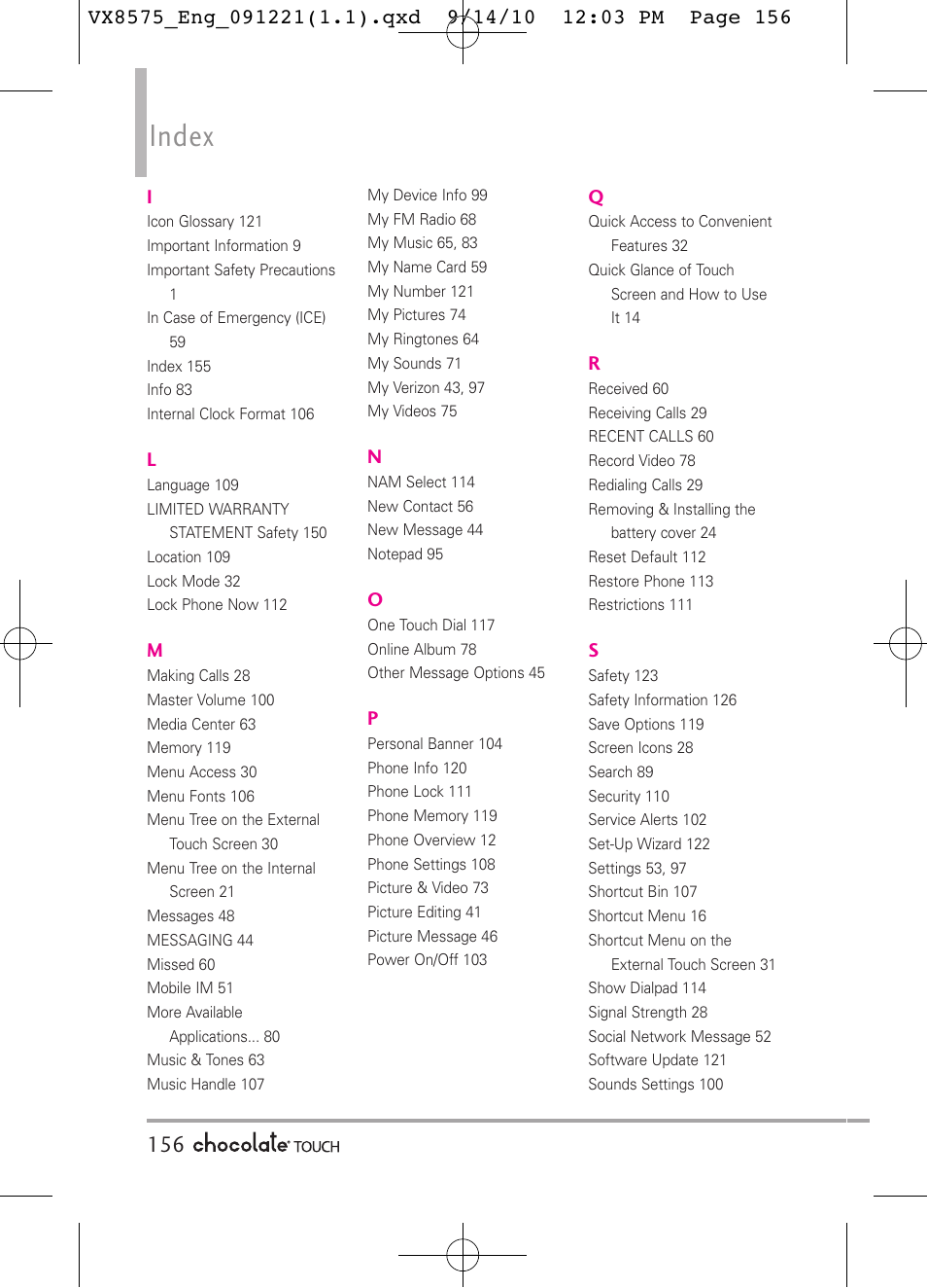 Index | LG LGVX8575LK User Manual | Page 158 / 162