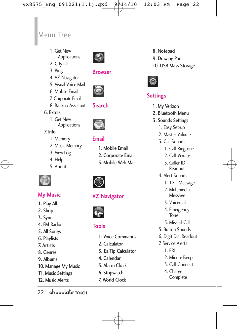 Menu tree | LG LGVX8575LK User Manual | Page 24 / 162