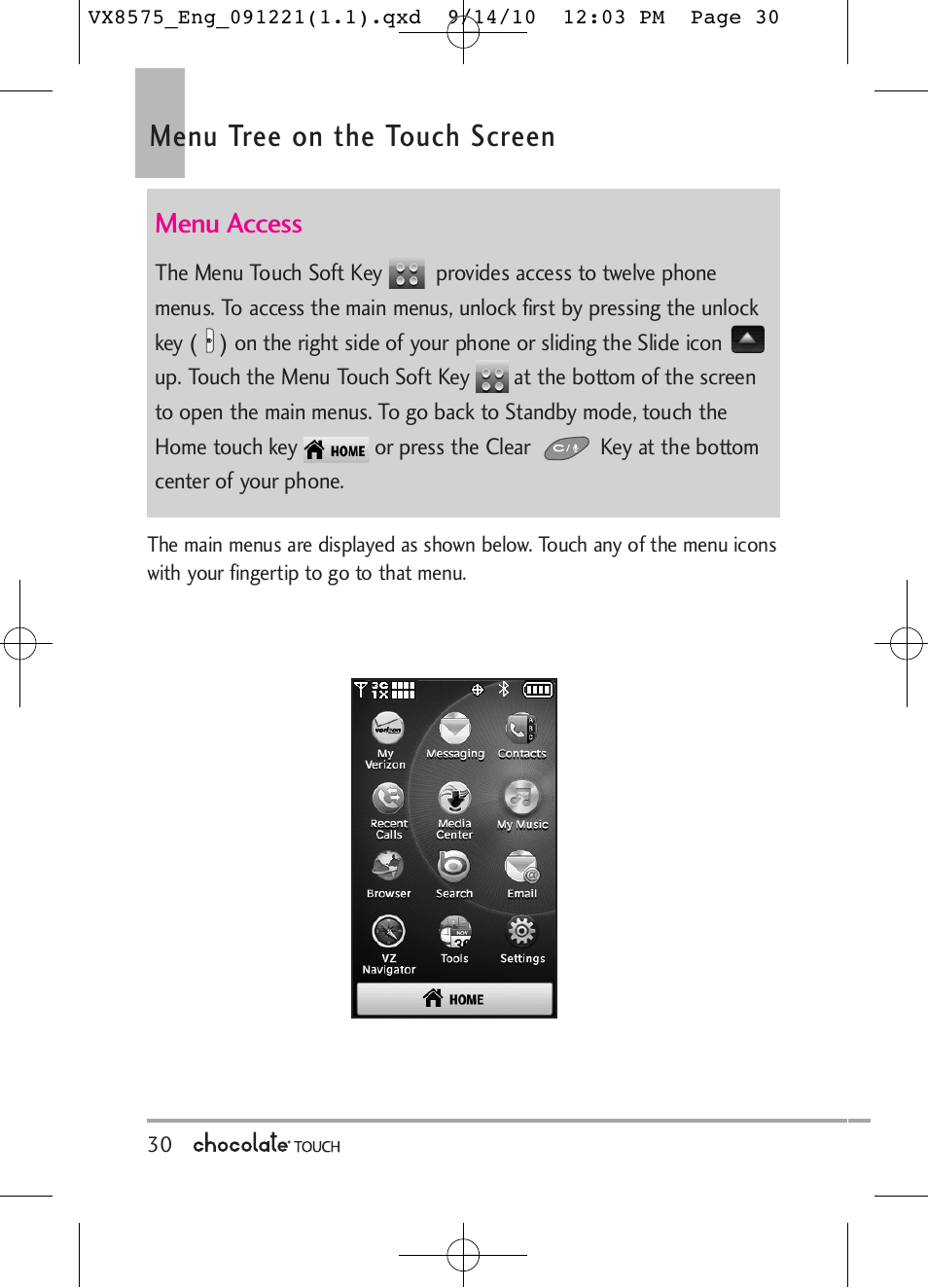 Menu tree on the touch screen, Menu access | LG LGVX8575LK User Manual | Page 32 / 162