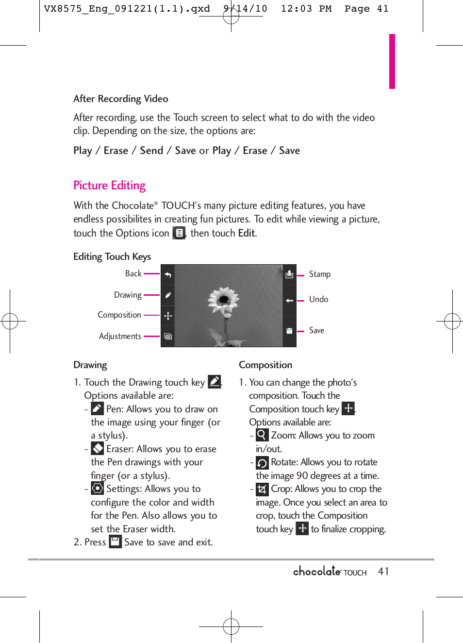 Picture editing | LG LGVX8575LK User Manual | Page 43 / 162