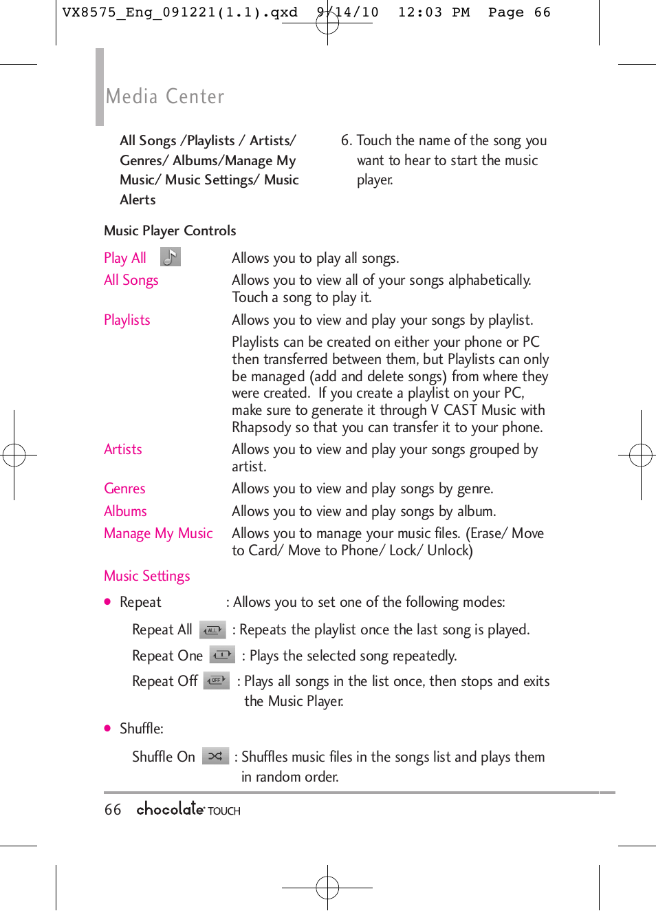 Media center | LG LGVX8575LK User Manual | Page 68 / 162