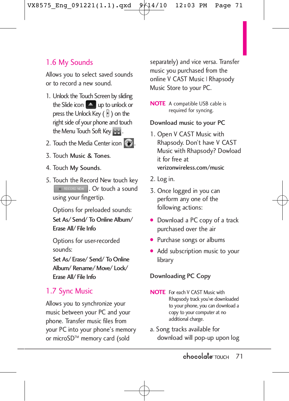 6 my sounds, 7 sync music | LG LGVX8575LK User Manual | Page 73 / 162