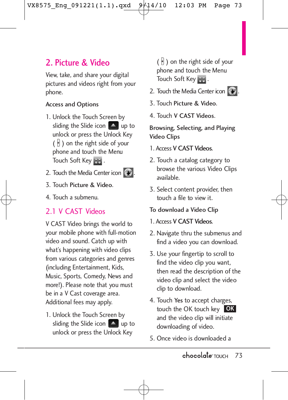 Picture & video, 1 v cast videos | LG LGVX8575LK User Manual | Page 75 / 162
