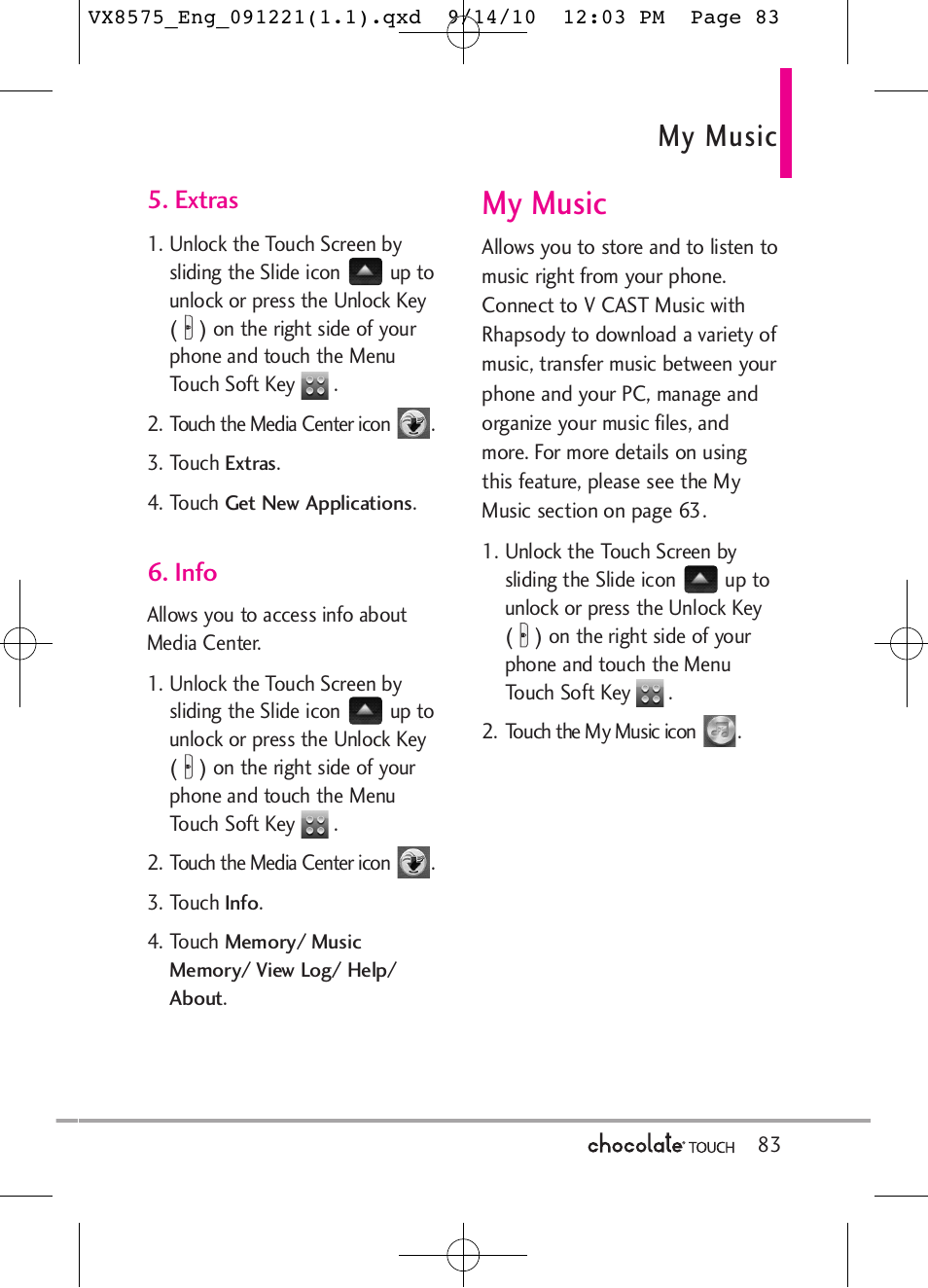My music, Extras, Info | LG LGVX8575LK User Manual | Page 85 / 162