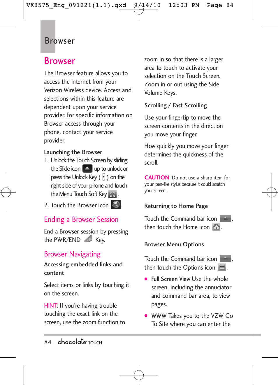 Browser, Ending a browser session, Browser navigating | LG LGVX8575LK User Manual | Page 86 / 162