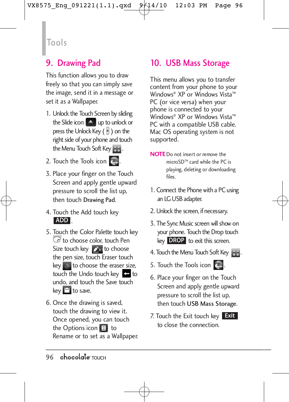 Tools, Drawing pad, Usb mass storage | LG LGVX8575LK User Manual | Page 98 / 162