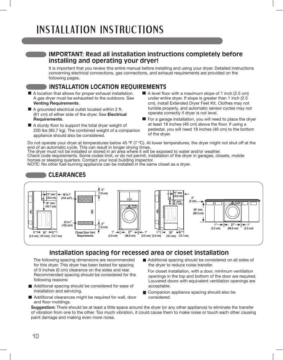 Clearances, Installation location requirements | LG DLEX3360R User Manual | Page 10 / 148