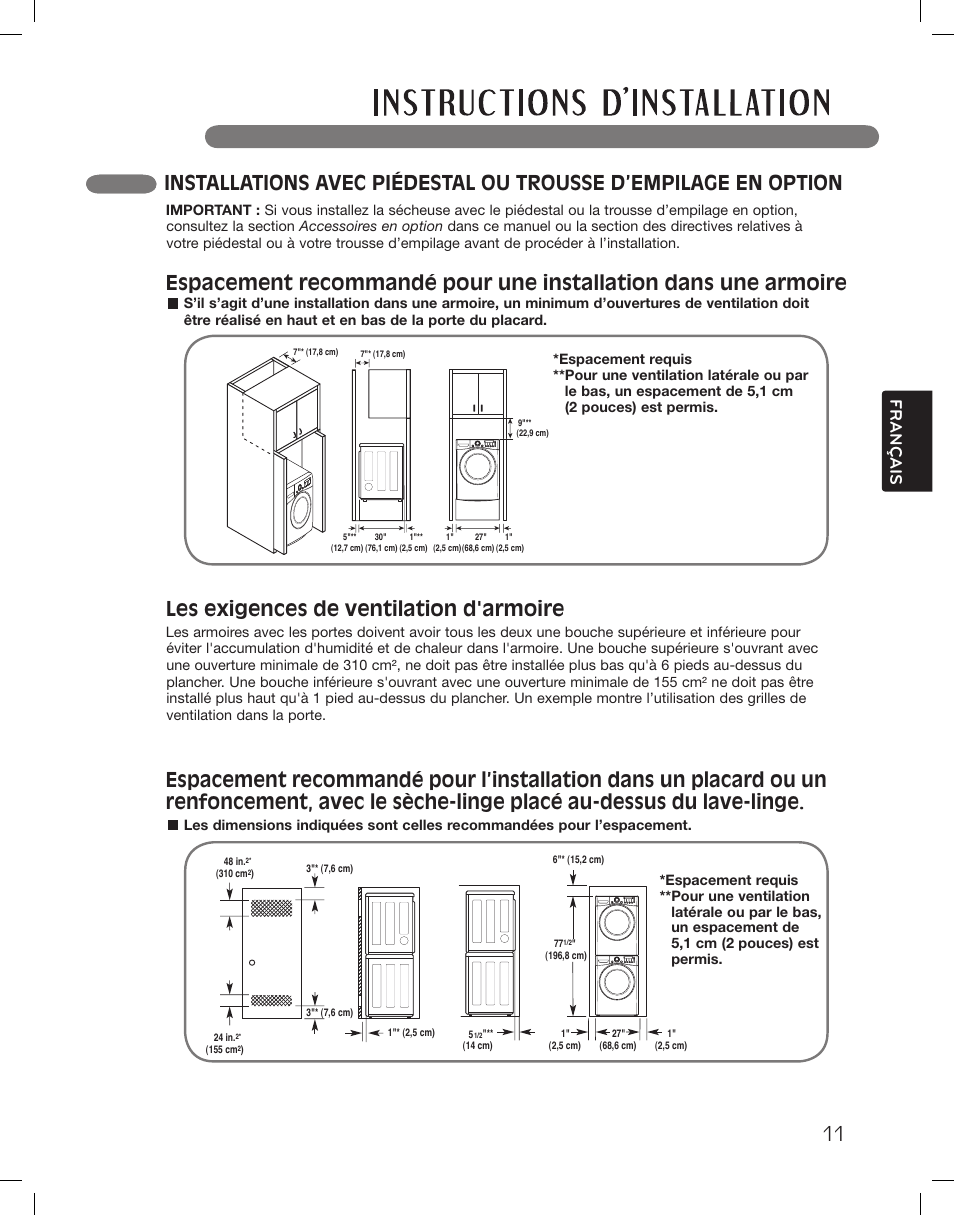 Les exigences de ventilation d'armoire, Français | LG DLEX3360R User Manual | Page 107 / 148