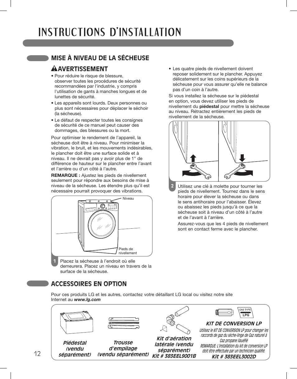 Mise à niveau de la sécheuse, Avertissement, Accessoires en option | LG DLEX3360R User Manual | Page 108 / 148