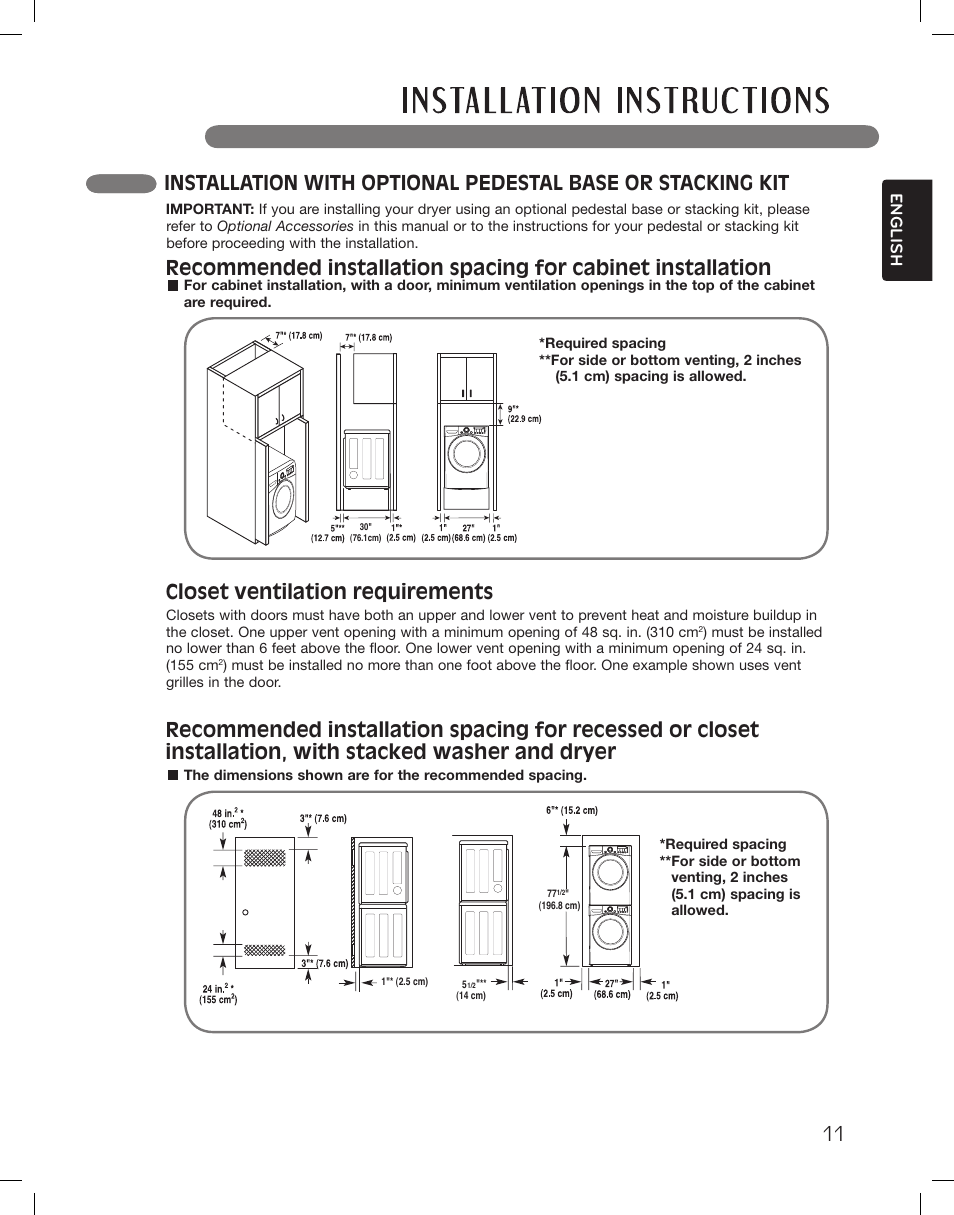 Closet ventilation requirements, English | LG DLEX3360R User Manual | Page 11 / 148