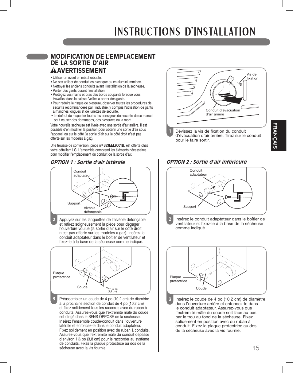 Modification de l’emplacement de la sortie d’air, Avertissement, Français | LG DLEX3360R User Manual | Page 111 / 148