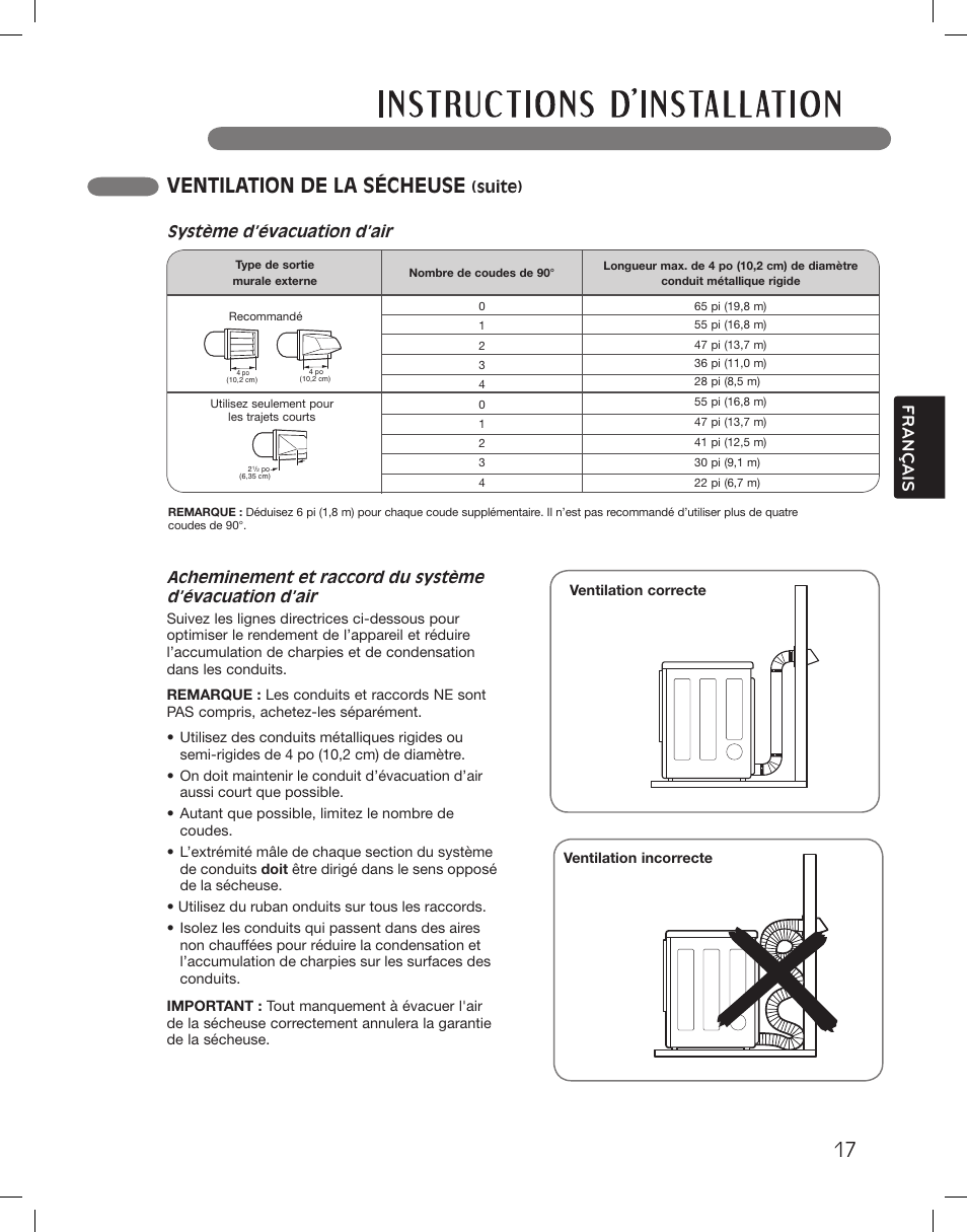 Ventilation de la sécheuse, Français, Système d’évacuation d’air | LG DLEX3360R User Manual | Page 113 / 148