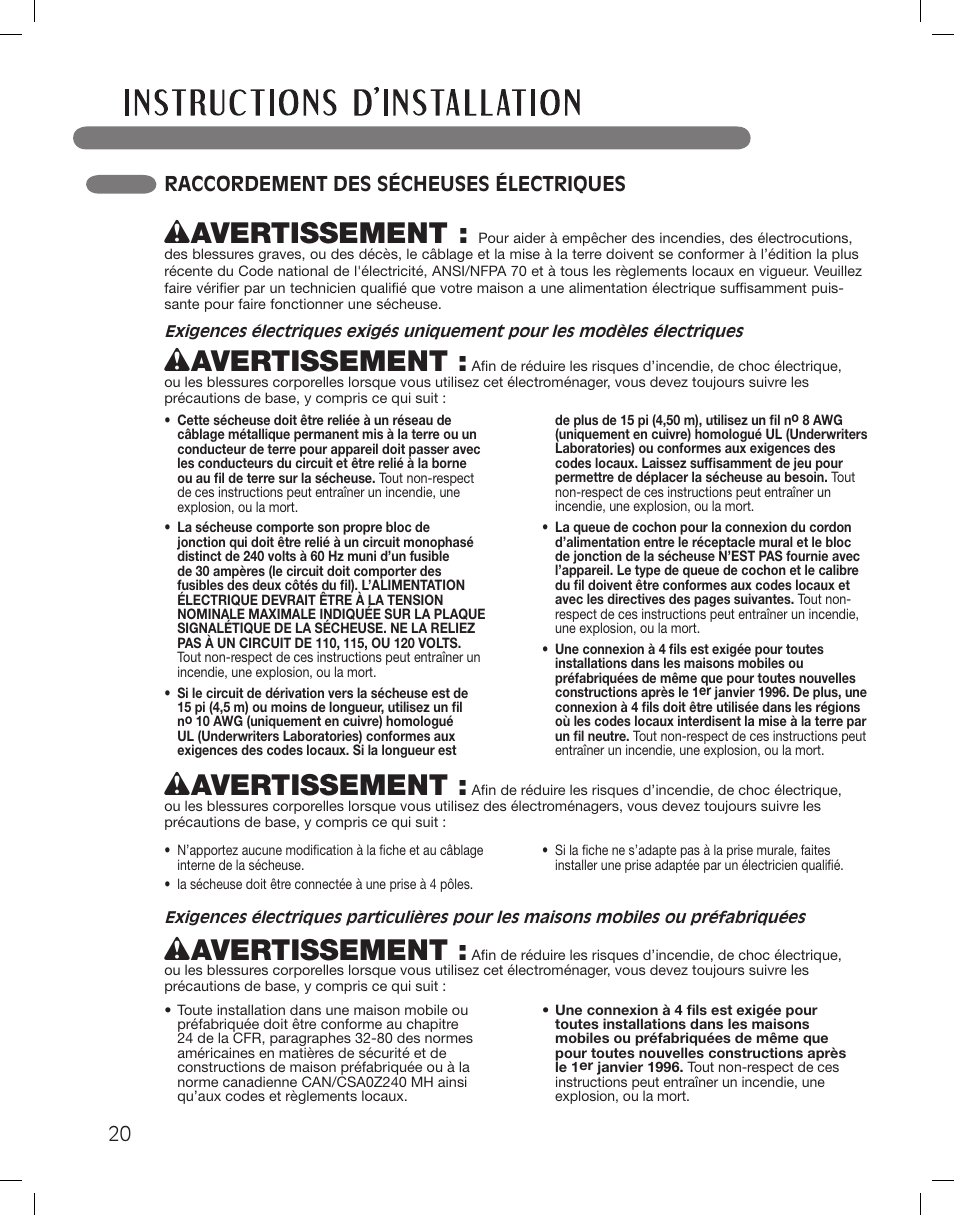 Wavertissement, 20 raccordement des sécheuses électriques | LG DLEX3360R User Manual | Page 116 / 148