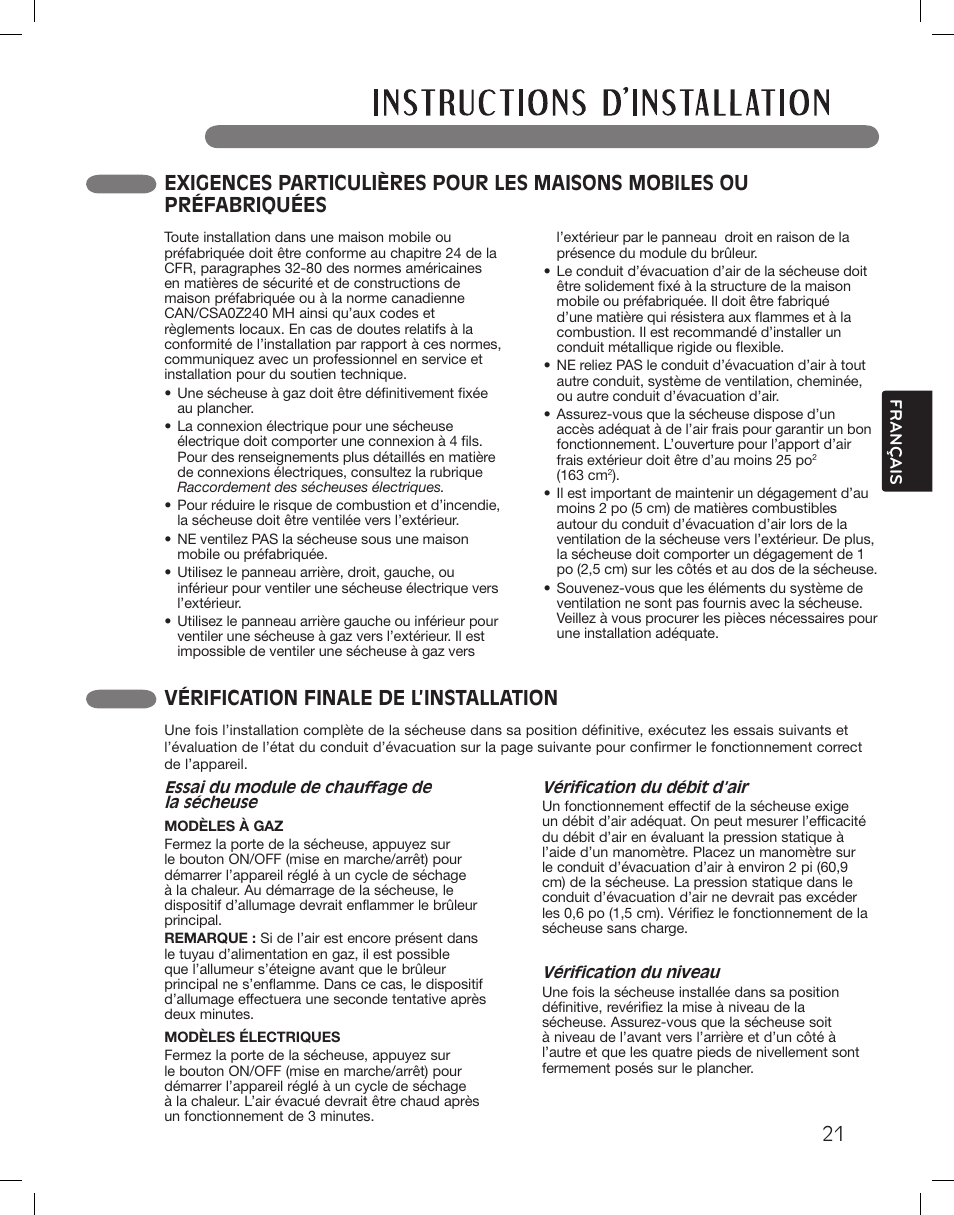 Vérification finale de l’installation | LG DLEX3360R User Manual | Page 117 / 148