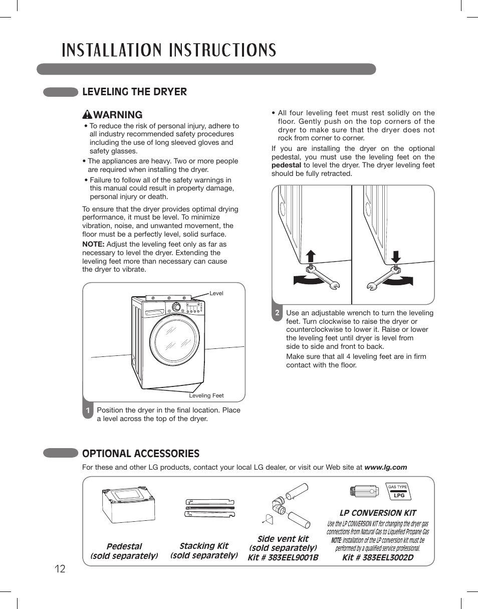 Leveling the dryer, Optional accessories, Warning | LG DLEX3360R User Manual | Page 12 / 148