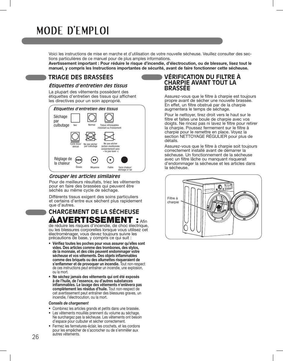 Wavertissement, Chargement de la sécheuse, Triage des brassées | LG DLEX3360R User Manual | Page 122 / 148