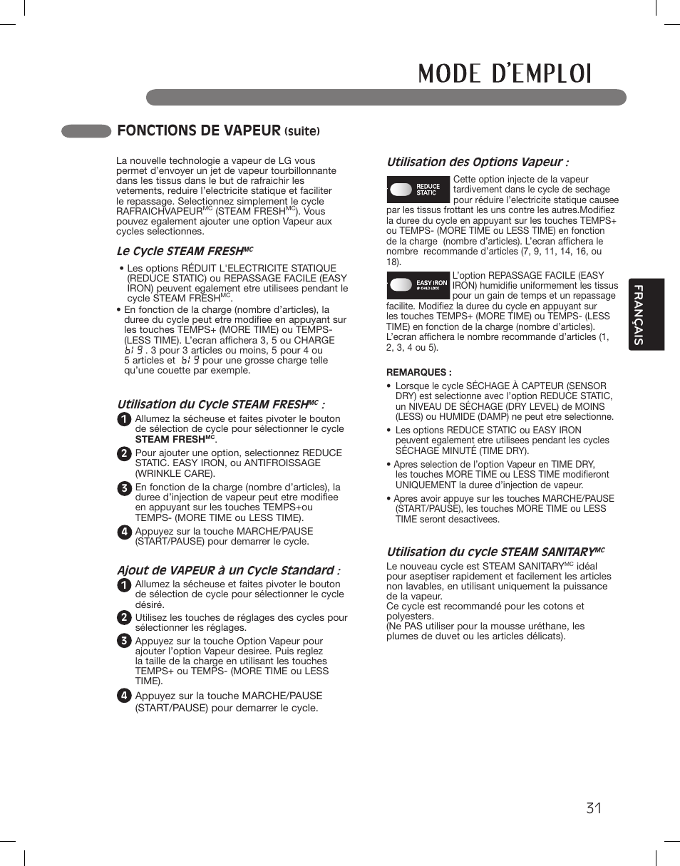Fonctions de vapeur, Français | LG DLEX3360R User Manual | Page 127 / 148