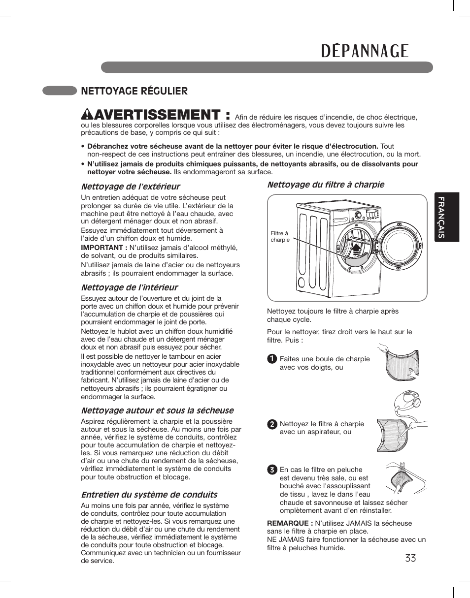 Wavertissement, Nettoyage régulier | LG DLEX3360R User Manual | Page 129 / 148