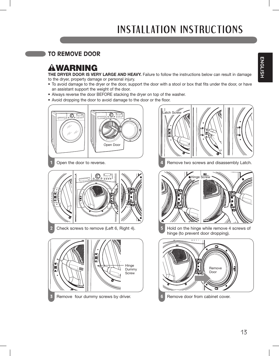 Wwarning | LG DLEX3360R User Manual | Page 13 / 148