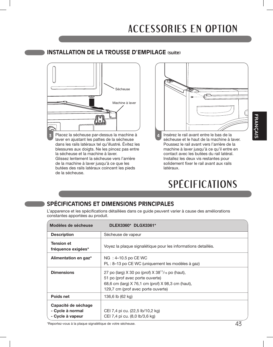 Spécifications et dimensions principales, 43 installation de la trousse d’empilage | LG DLEX3360R User Manual | Page 139 / 148