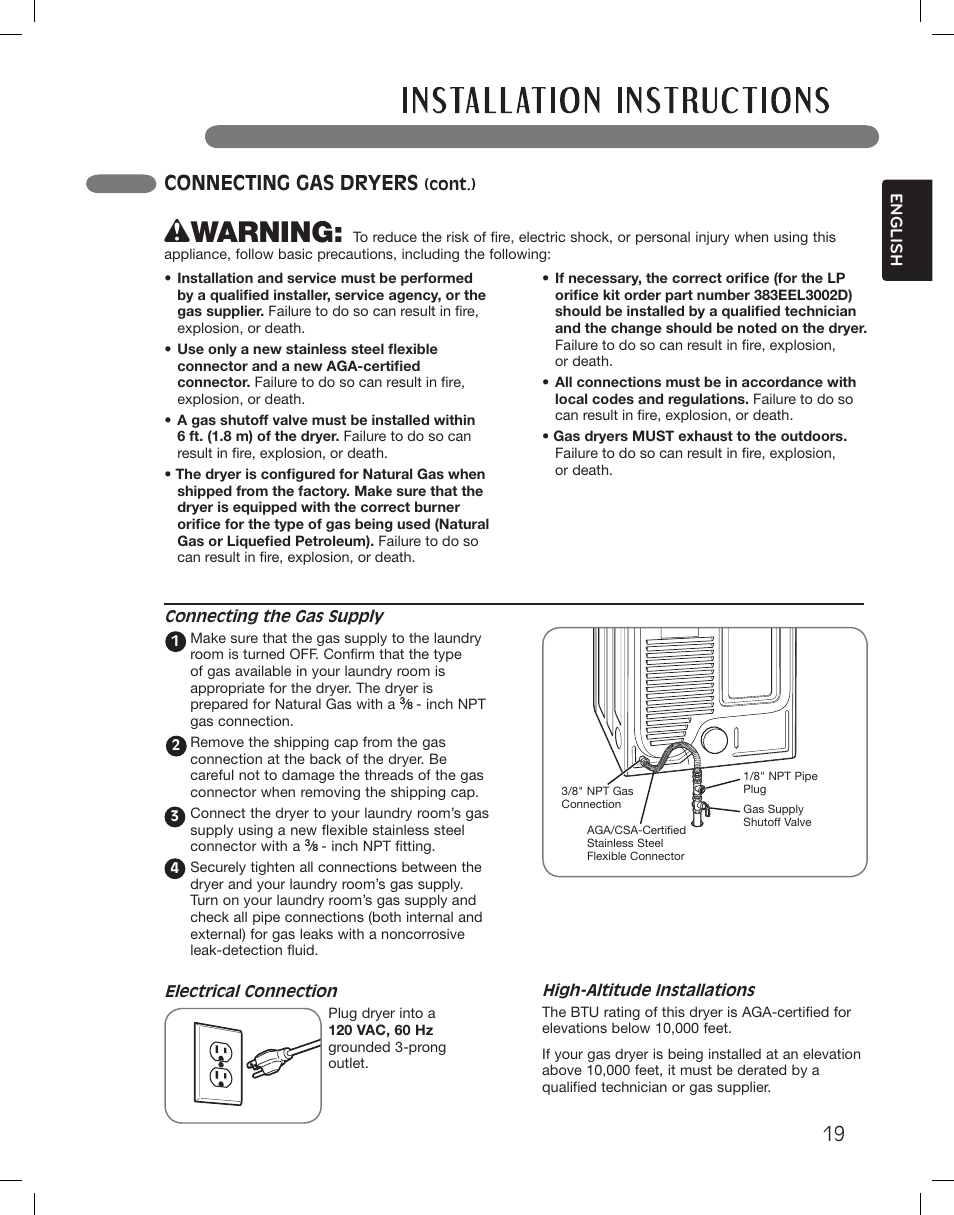 Wwarning, Connecting gas dryers | LG DLEX3360R User Manual | Page 19 / 148