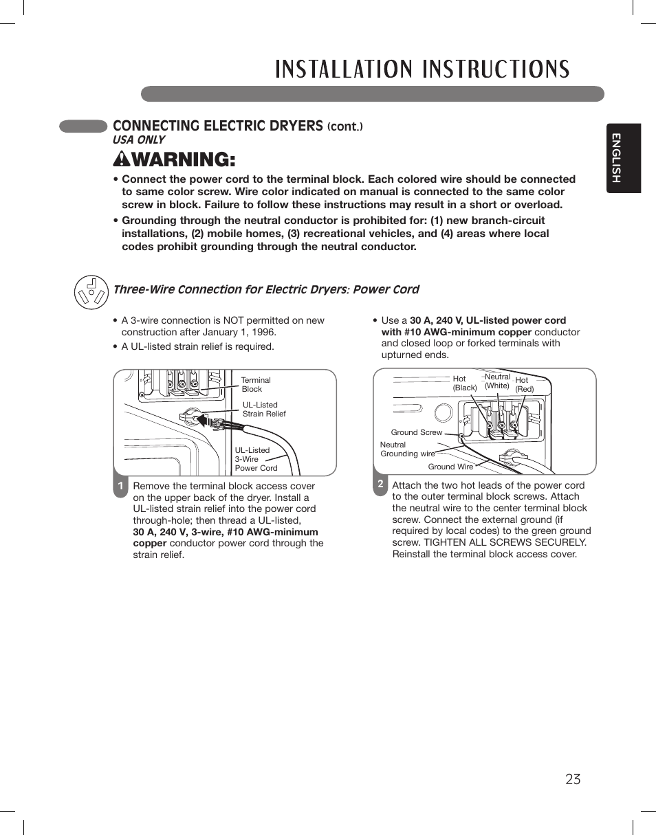 Wwarning, Connecting electric dryers | LG DLEX3360R User Manual | Page 23 / 148