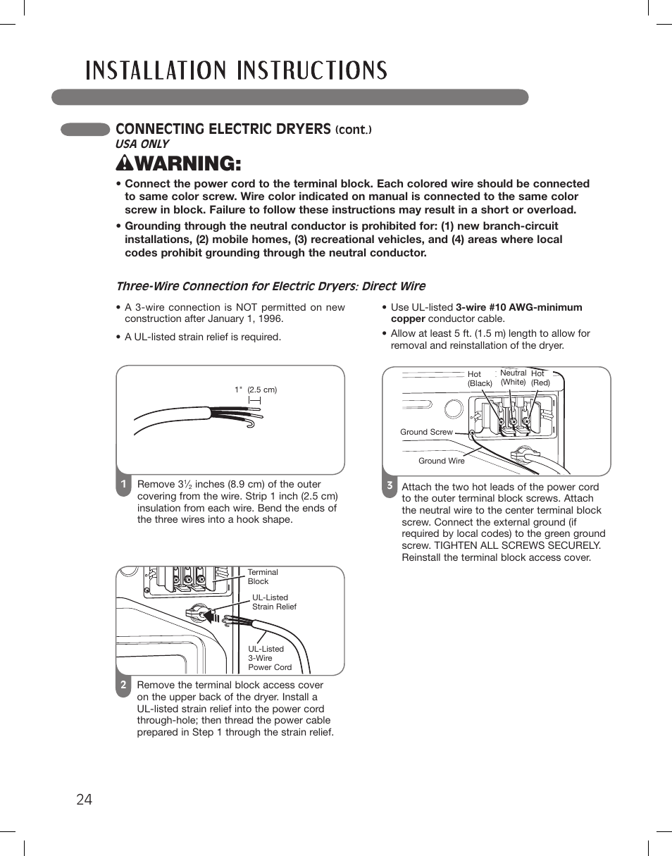 Wwarning, 24 connecting electric dryers | LG DLEX3360R User Manual | Page 24 / 148