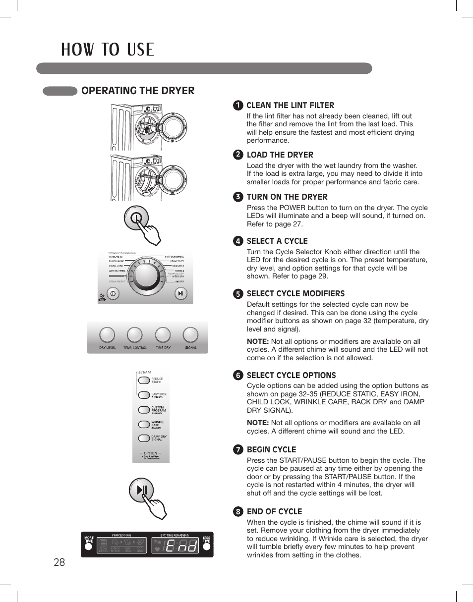 Operating the dryer | LG DLEX3360R User Manual | Page 28 / 148