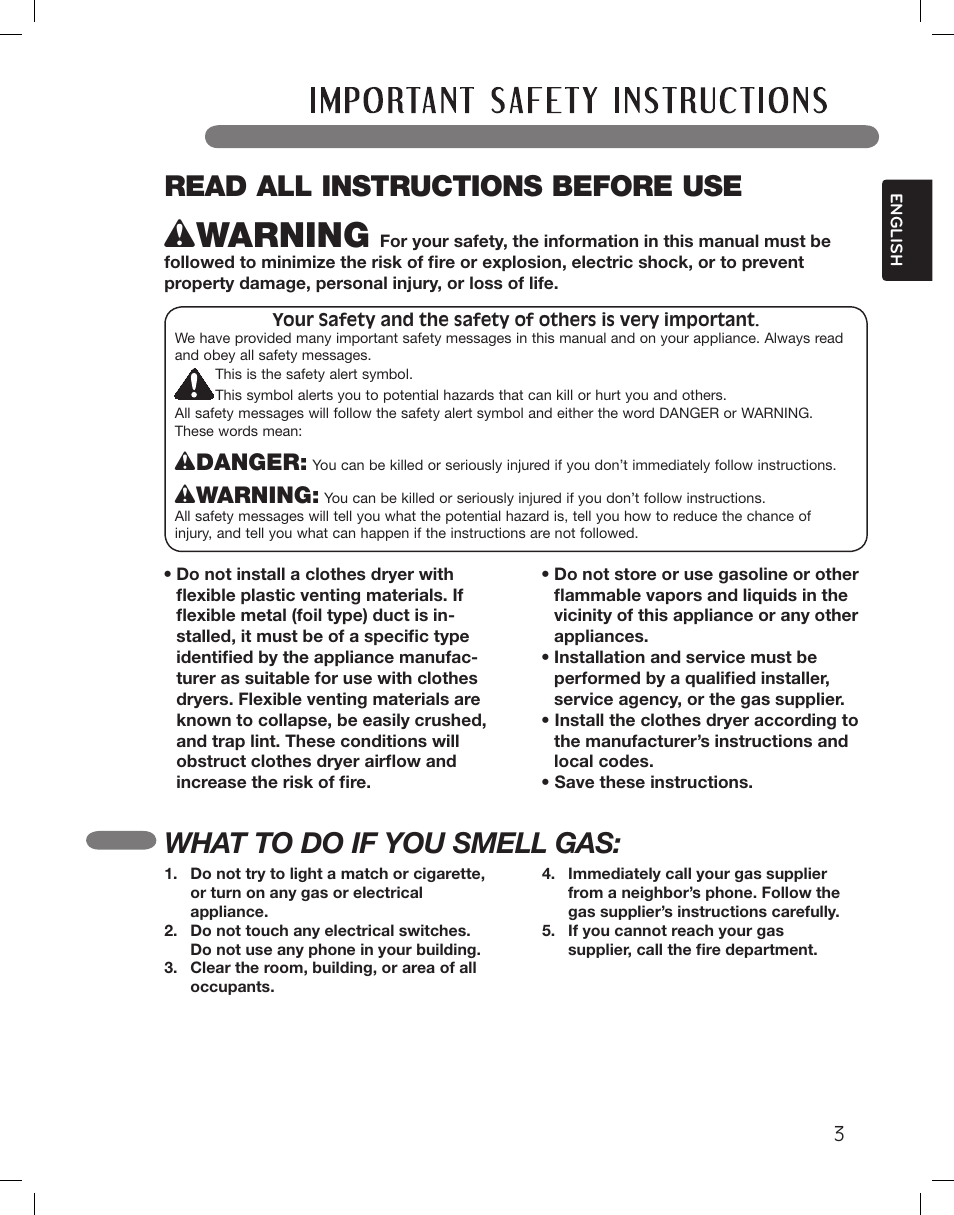 What to do if you smell gas, Read all instructions before use, Wdanger | Wwarning | LG DLEX3360R User Manual | Page 3 / 148