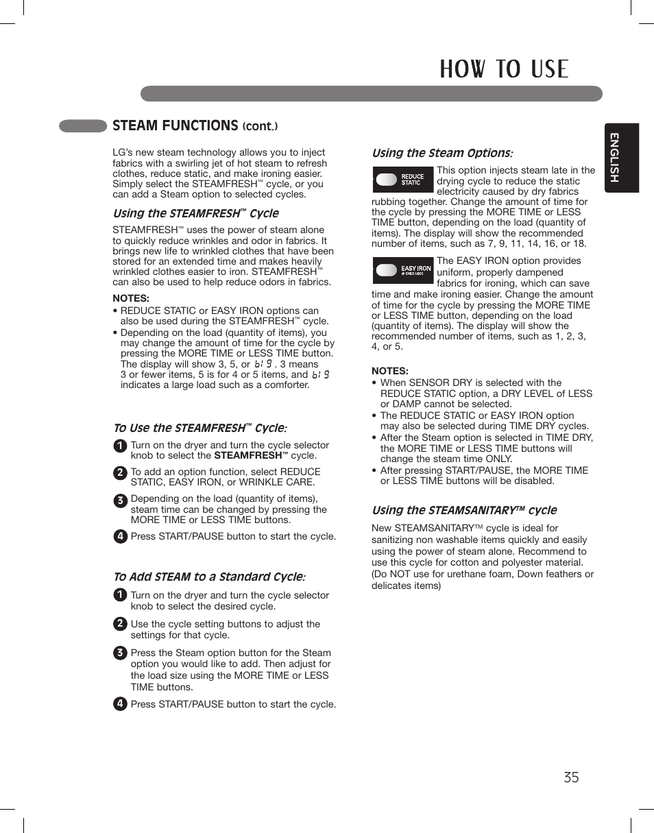 Steam functions | LG DLEX3360R User Manual | Page 35 / 148