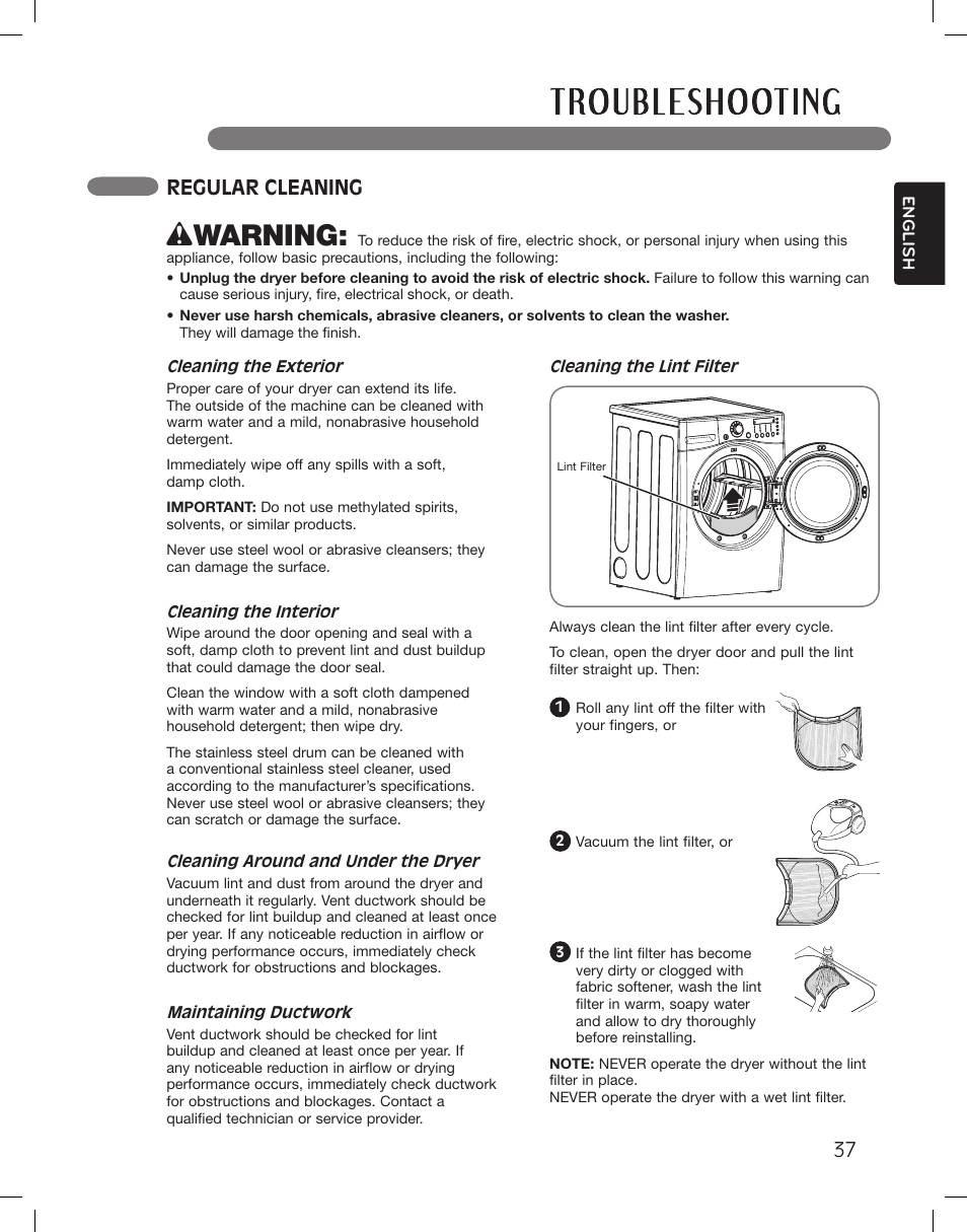 Wwarning, Regular cleaning | LG DLEX3360R User Manual | Page 37 / 148