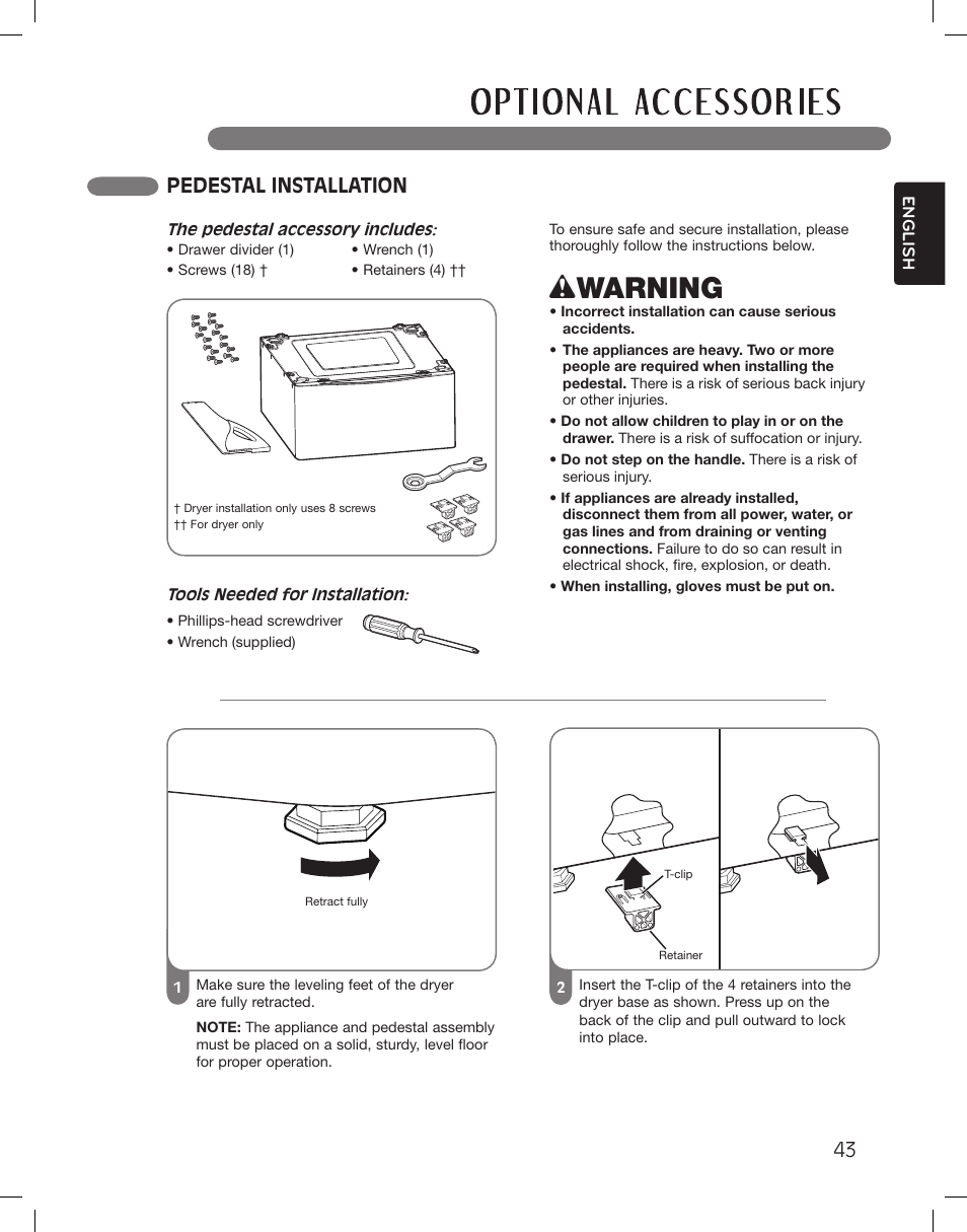 Wwarning, Pedestal installation | LG DLEX3360R User Manual | Page 43 / 148