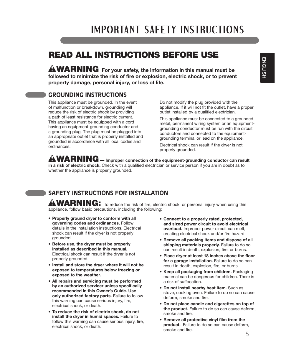 Wwarning, Read all instructions before use, Grounding instructions | Safety instructions for installation | LG DLEX3360R User Manual | Page 5 / 148