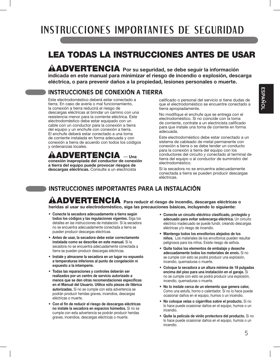 Wadvertencia, Lea todas la instrucciones antes de usar, Instrucciones de conexión a tierra | Instrucciones importantes para la instalación | LG DLEX3360R User Manual | Page 53 / 148