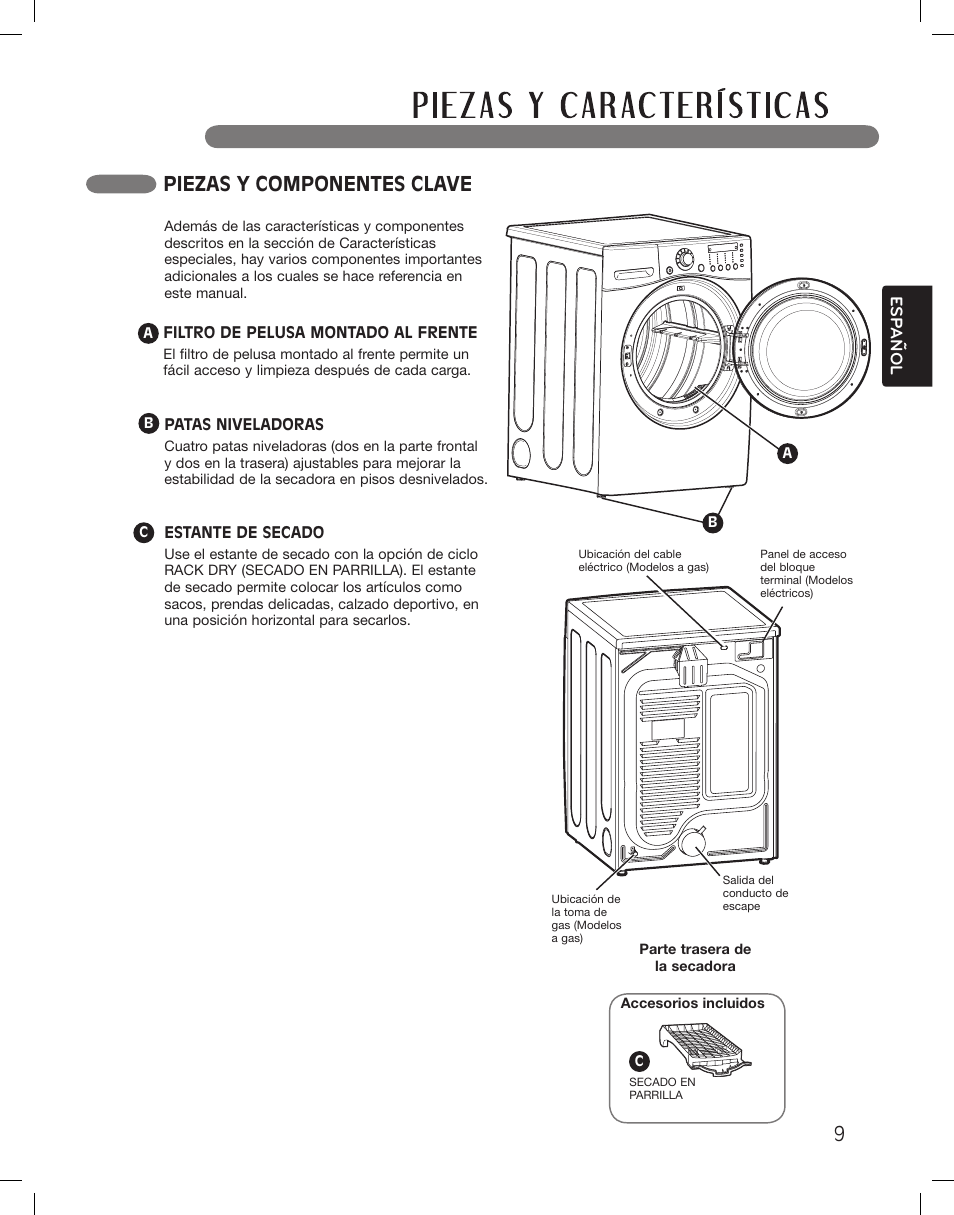 Piezas y componentes clave, Esp anol | LG DLEX3360R User Manual | Page 57 / 148