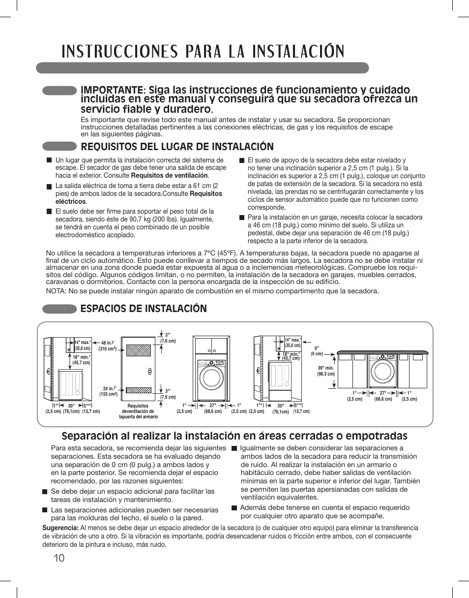 Espacios de instalación, Requisitos del lugar de instalación | LG DLEX3360R User Manual | Page 58 / 148
