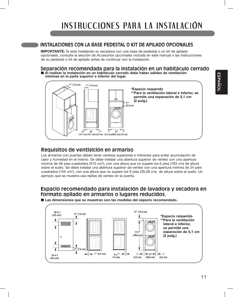 Requisitos de ventislción en armariso, Esp anol | LG DLEX3360R User Manual | Page 59 / 148