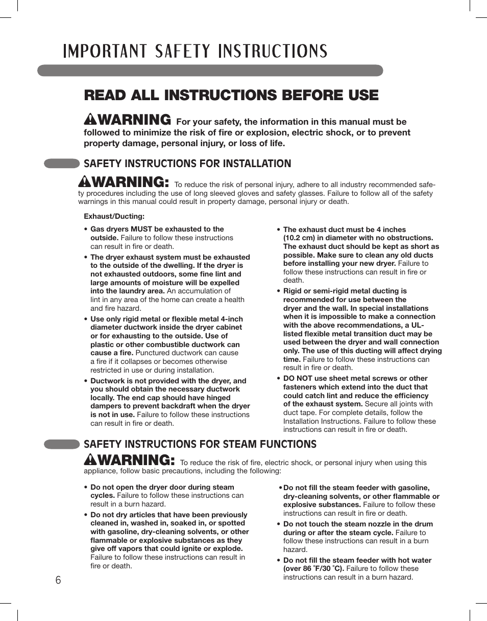 Read all instructions before use, Wwarning, Safety instructions for installation | Safety instructions for steam functions | LG DLEX3360R User Manual | Page 6 / 148