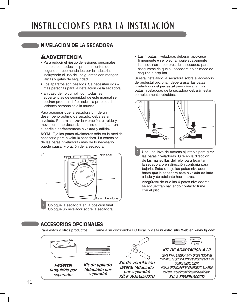 Nivelación de la secadora, Advertencia, Accesorios opcionales | LG DLEX3360R User Manual | Page 60 / 148