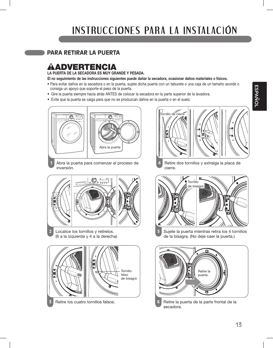 Wadvertencia, Para retirar la puerta | LG DLEX3360R User Manual | Page 61 / 148