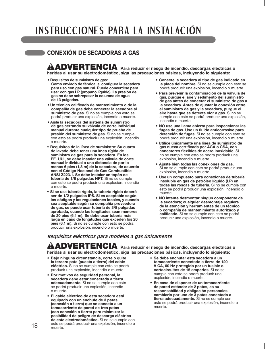 Wadvertencia, Conexión de secadoras a gas | LG DLEX3360R User Manual | Page 66 / 148