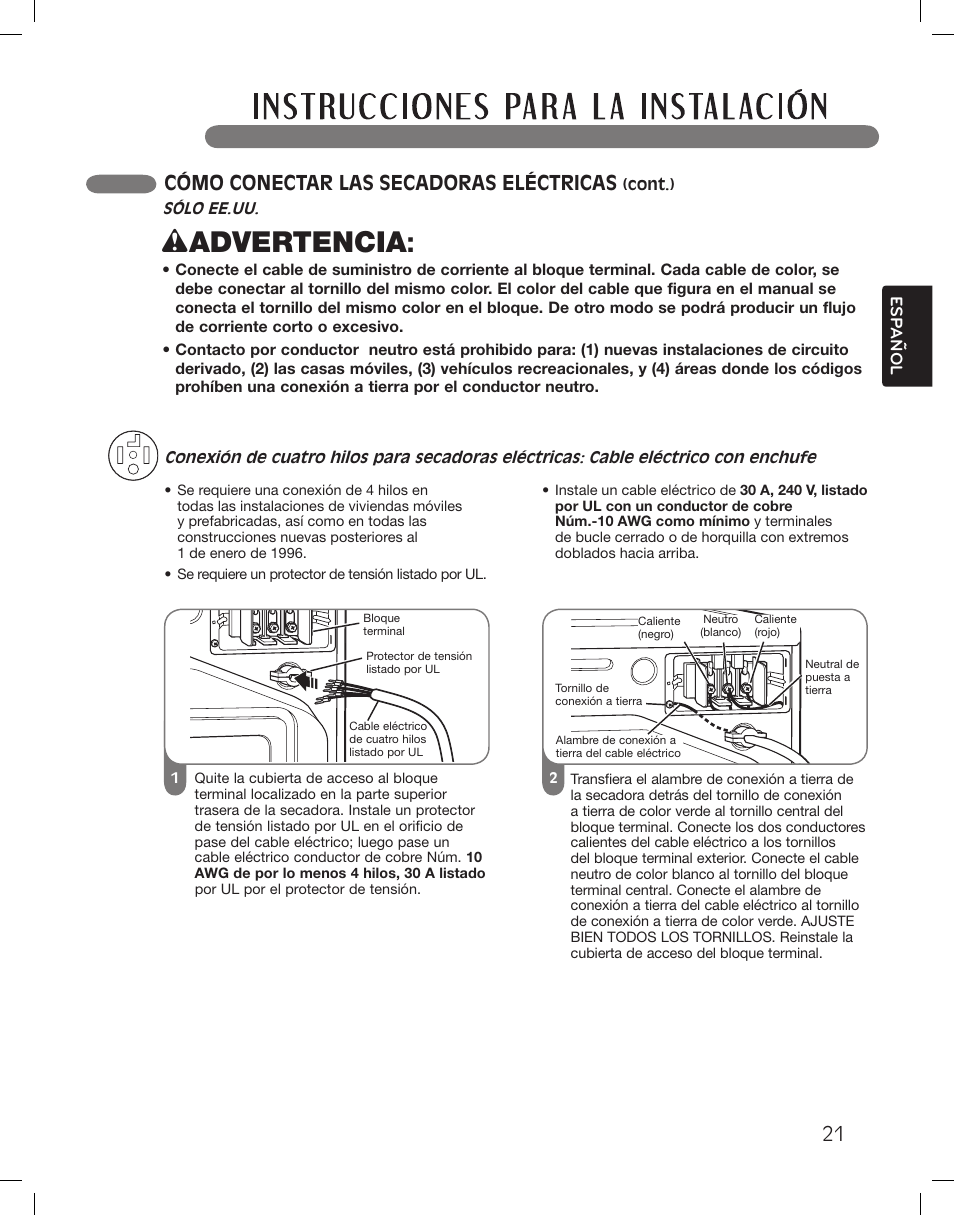 Wadvertencia, Cómo conectar las secadoras eléctricas | LG DLEX3360R User Manual | Page 69 / 148