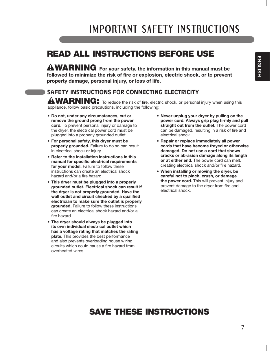 Save these instructions, Wwarning, Read all instructions before use w warning | Safety instructions for connecting electricity | LG DLEX3360R User Manual | Page 7 / 148