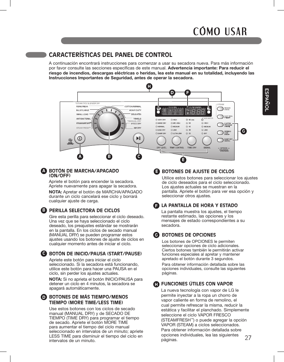 Características del panel de control | LG DLEX3360R User Manual | Page 75 / 148