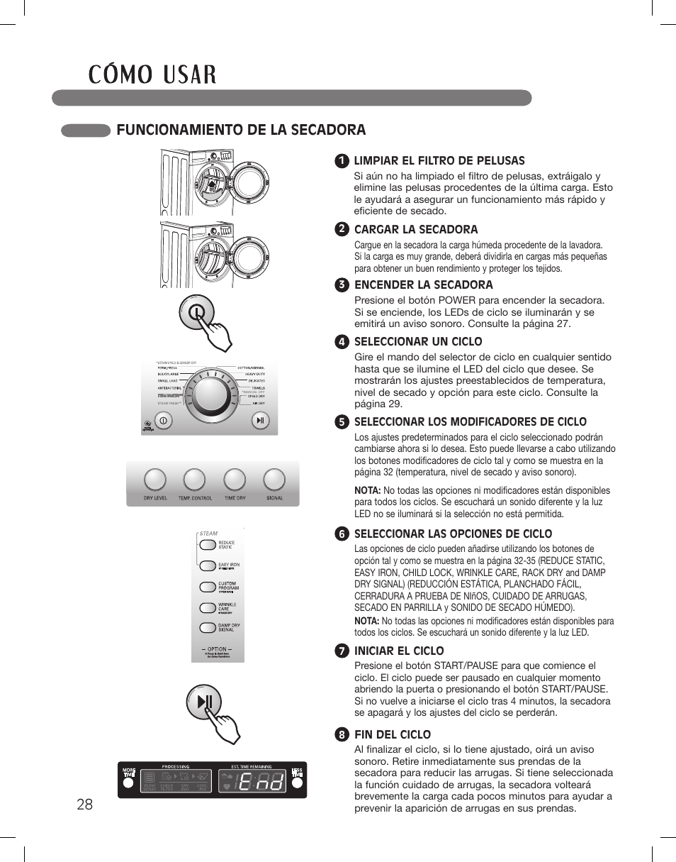 Funcionamiento de la secadora | LG DLEX3360R User Manual | Page 76 / 148