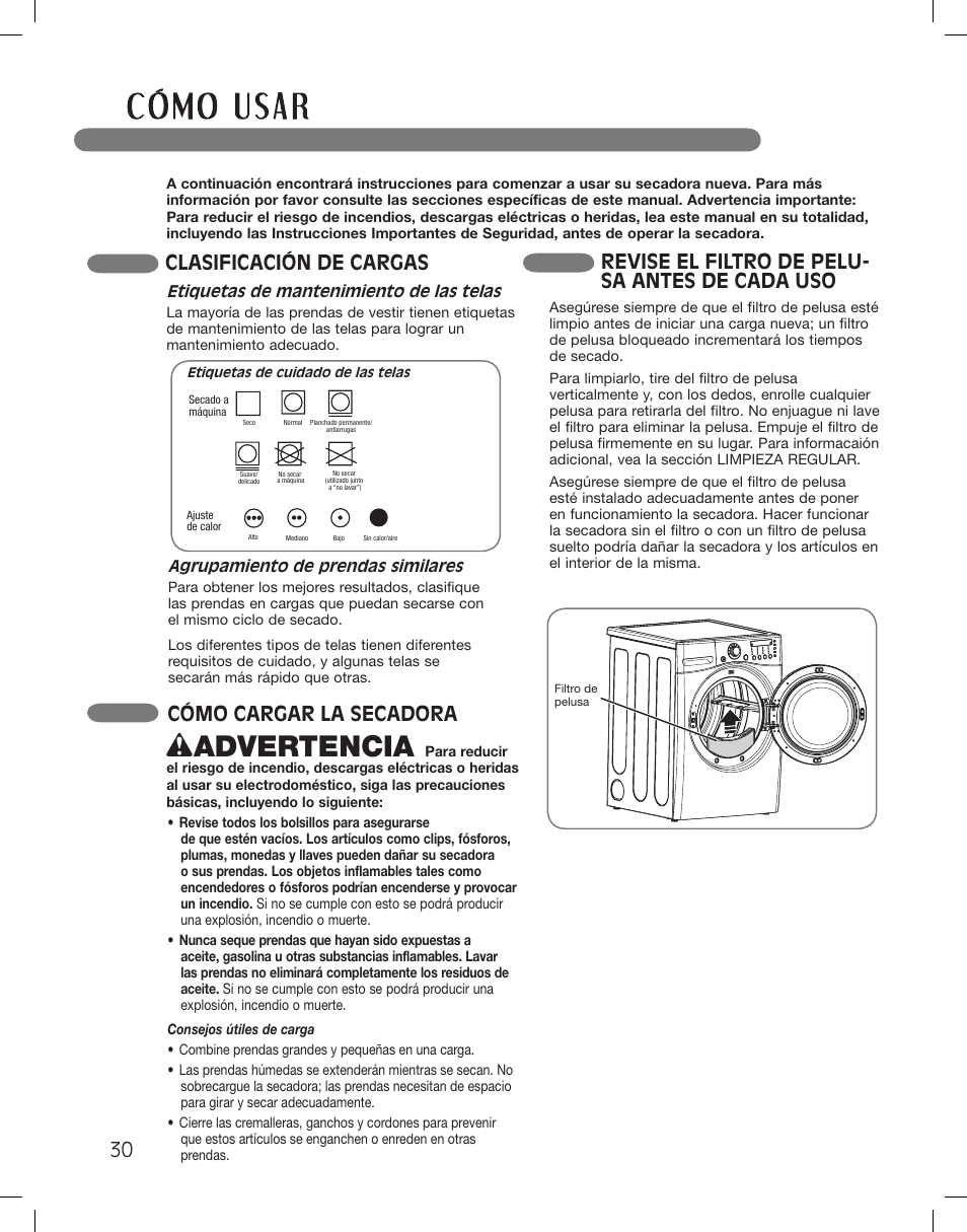 Wadvertencia, Clasificación de cargas, Cómo cargar la secadora | Revise el filtro de pelu- sa antes de cada uso | LG DLEX3360R User Manual | Page 78 / 148