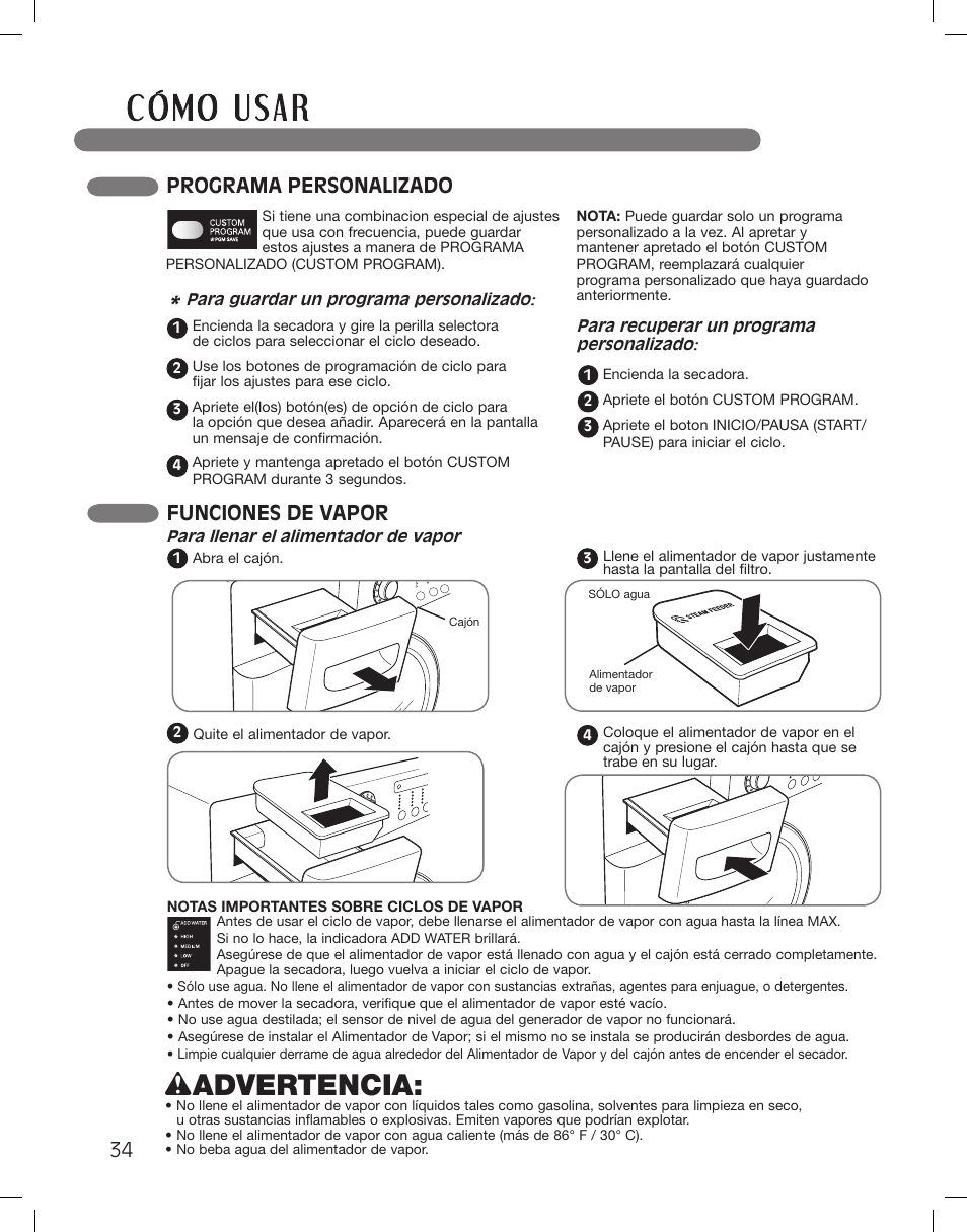 Wadvertencia, Programa personalizado, Funciones de vapor | LG DLEX3360R User Manual | Page 82 / 148