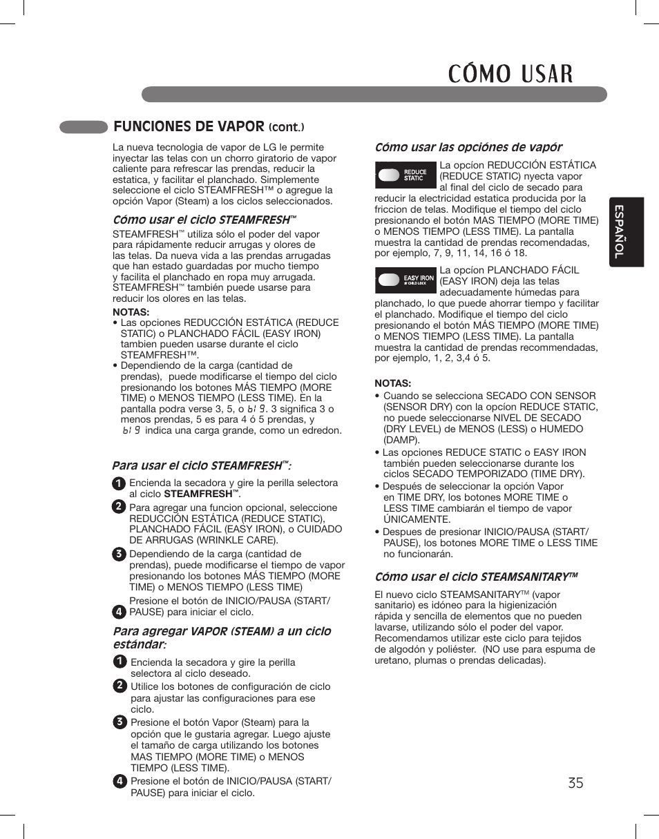 Funciones de vapor | LG DLEX3360R User Manual | Page 83 / 148