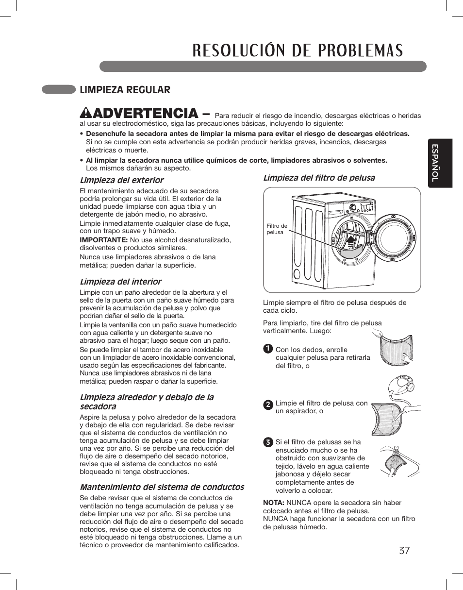 Wadvertencia, Limpieza regular | LG DLEX3360R User Manual | Page 85 / 148